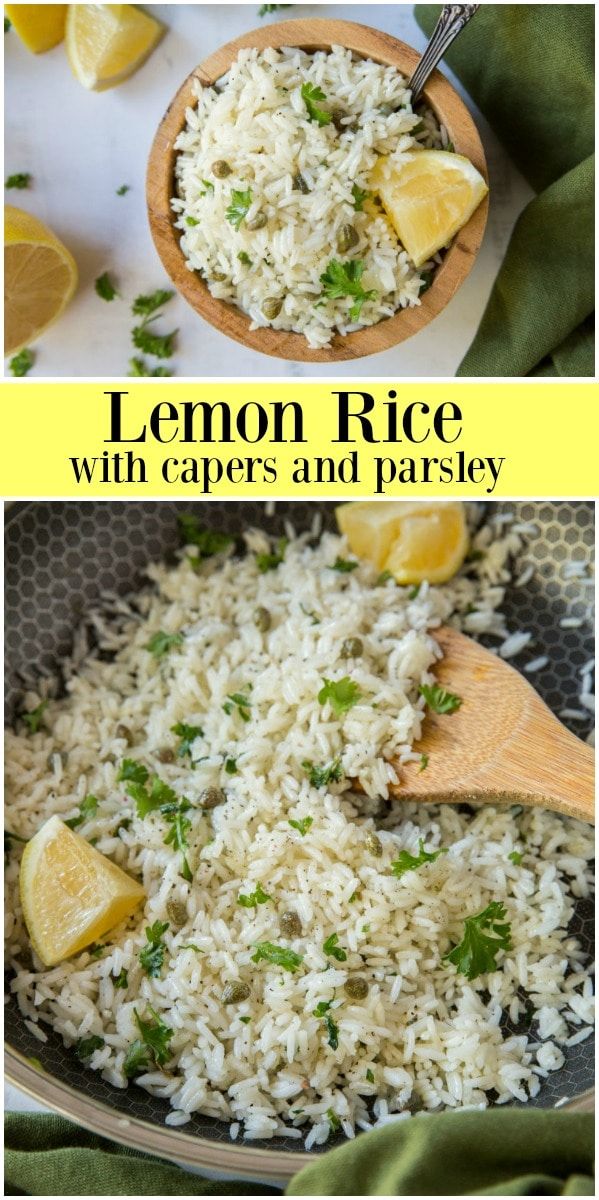 lemon rice with capers and parsley in a pan