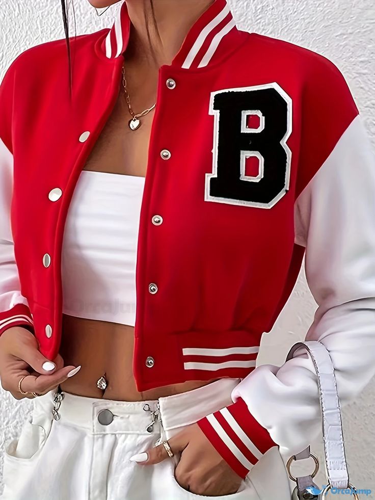 Orcajump - Color Block Letter Embroidered Bomber Jacket, Casual Crop Button Front Jacket, Women's Clothing Crop Jackets For Women, Dream Tops, Dream Outfits, Cardigan Sweater Jacket, Casual Vest, Block Lettering, Letter B, Rabbit Hole, Short Coat