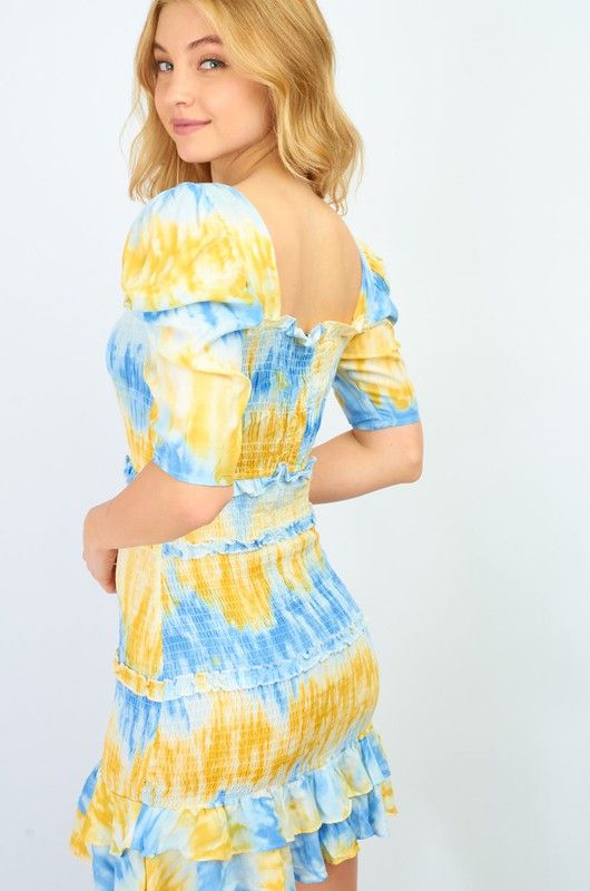 Hers & Mine Smocked all over bodycon mini dress, tie dye with tiered ruffles accents. Puffy sleeves, shoulders have silicone stay put strips. Unlined. Lightweight. So cute. Color: Yellow/Blue Combo Bust 34-36-38 approx., Length 32-33 100% Rayon, hand wash cold, imported G3/D602 Fitted Ruched Tiered Smocked Dress, Fitted Tiered Smocked Dress With Ruched Detail, Fitted Multicolor Smocked Dress With Ruched Details, Summer Mini Dress With Elastic Shoulders For Brunch, Fitted Multicolor Smocked Dress, Spring Fitted Tiered Smocked Dress, Fitted Multicolor Smocked Dress For Vacation, Multicolor Smocked Mini Dress, Fitted Yellow Smocked Dress