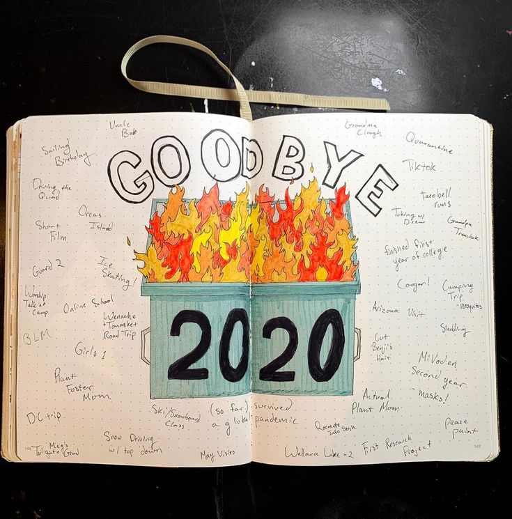 an open notebook with writing on it that says gobye and fire in a bucket