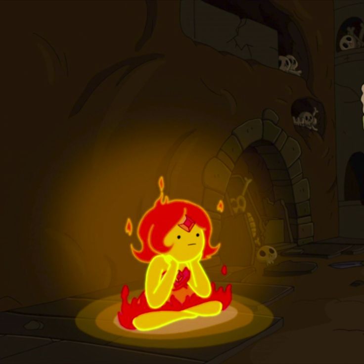 a cartoon character sitting on the ground in front of a fire