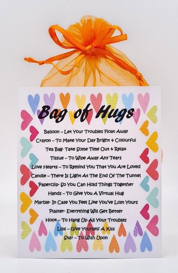 a bag of hugs card with an orange bow on it's back and the poem below