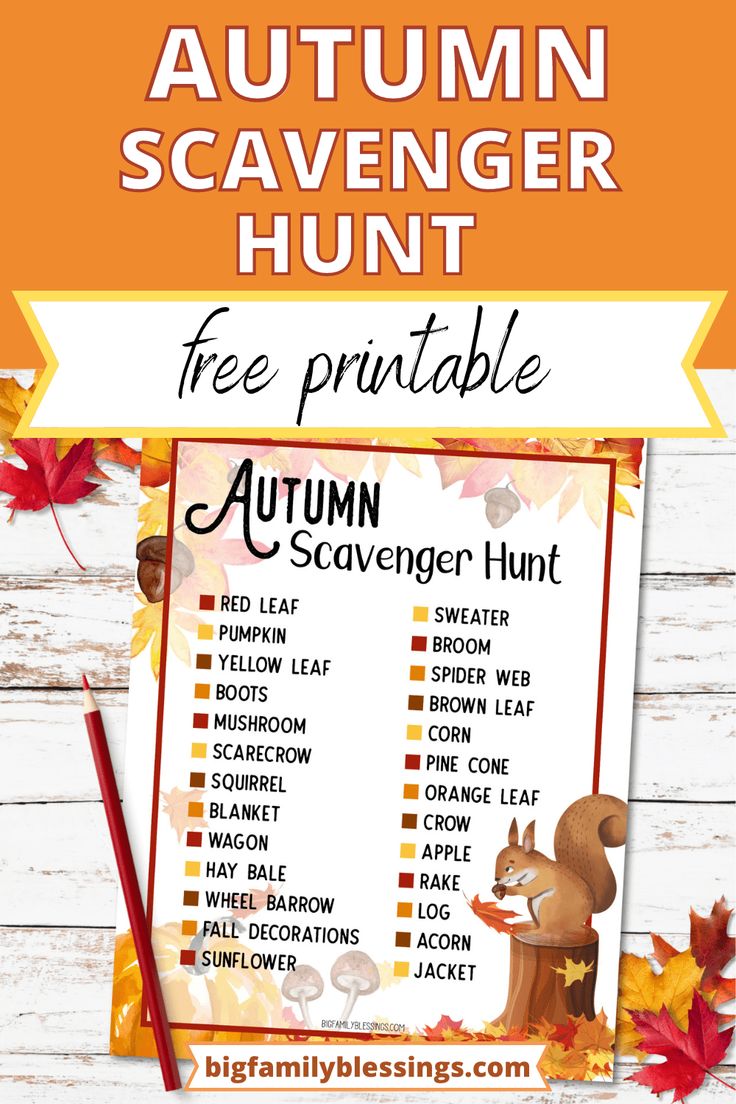 an autumn scavenger hunt with the words free printable for kids to use