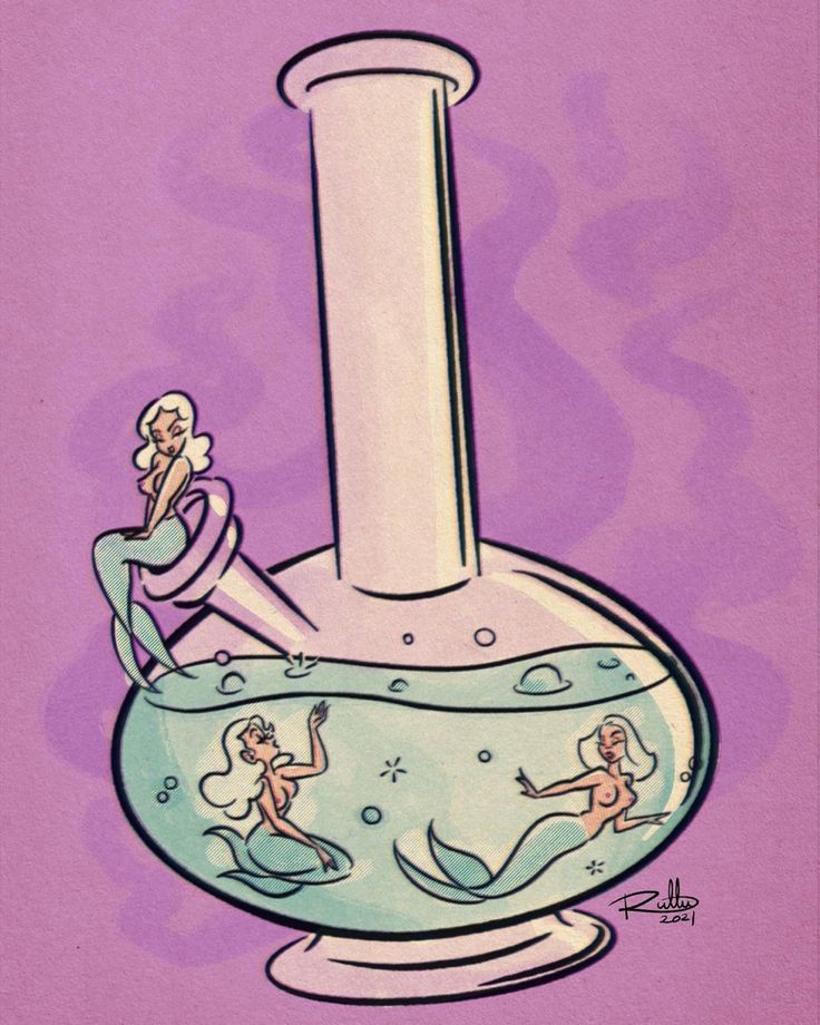 a drawing of a bottle with mermaids in it and a spool of liquid