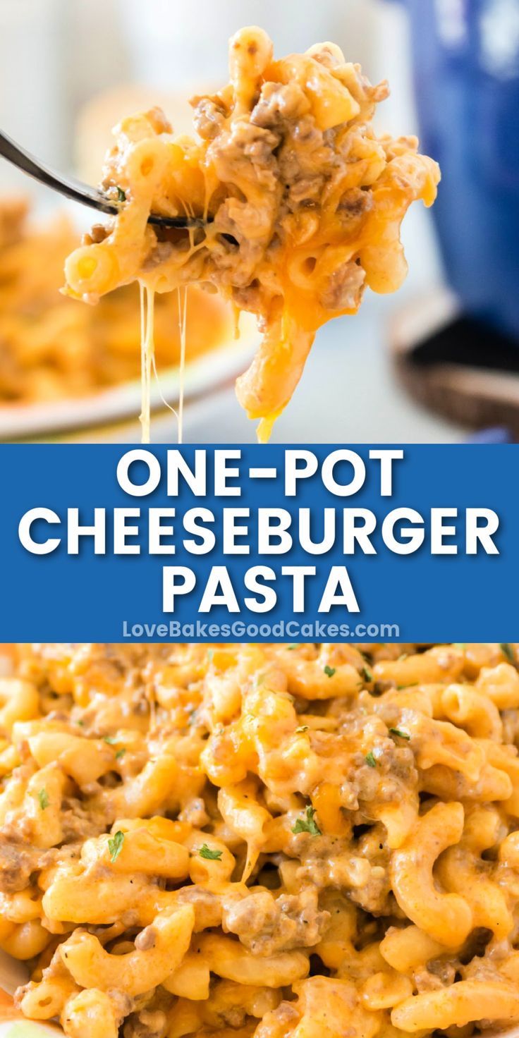 one - pot cheeseburger pasta on a plate with a fork