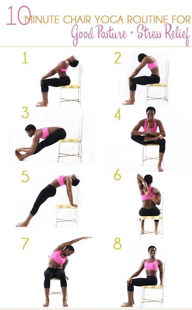 a woman in pink shirt doing yoga poses for her legs and chest, sitting on a chair