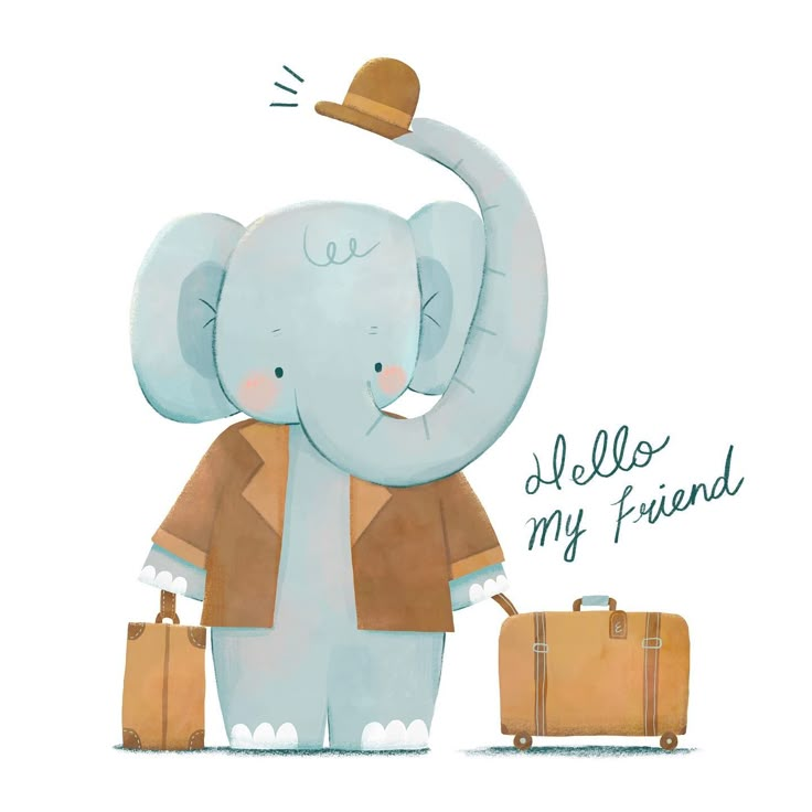 an elephant standing next to two suitcases with the words hello friend written on it