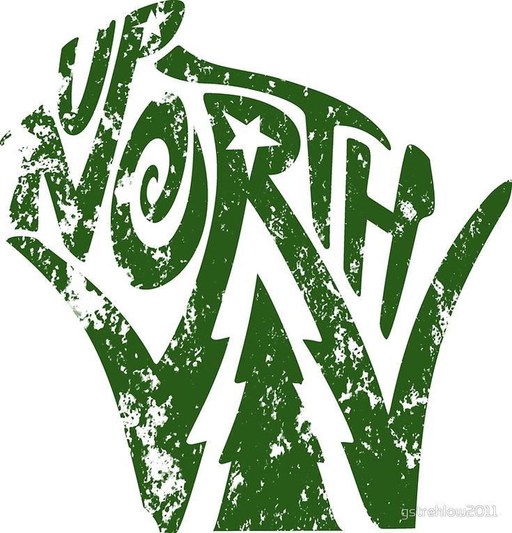 the word north is written in green and white letters with an arrow on top of it