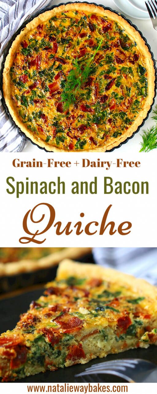 spinach and bacon quiche with text overlay