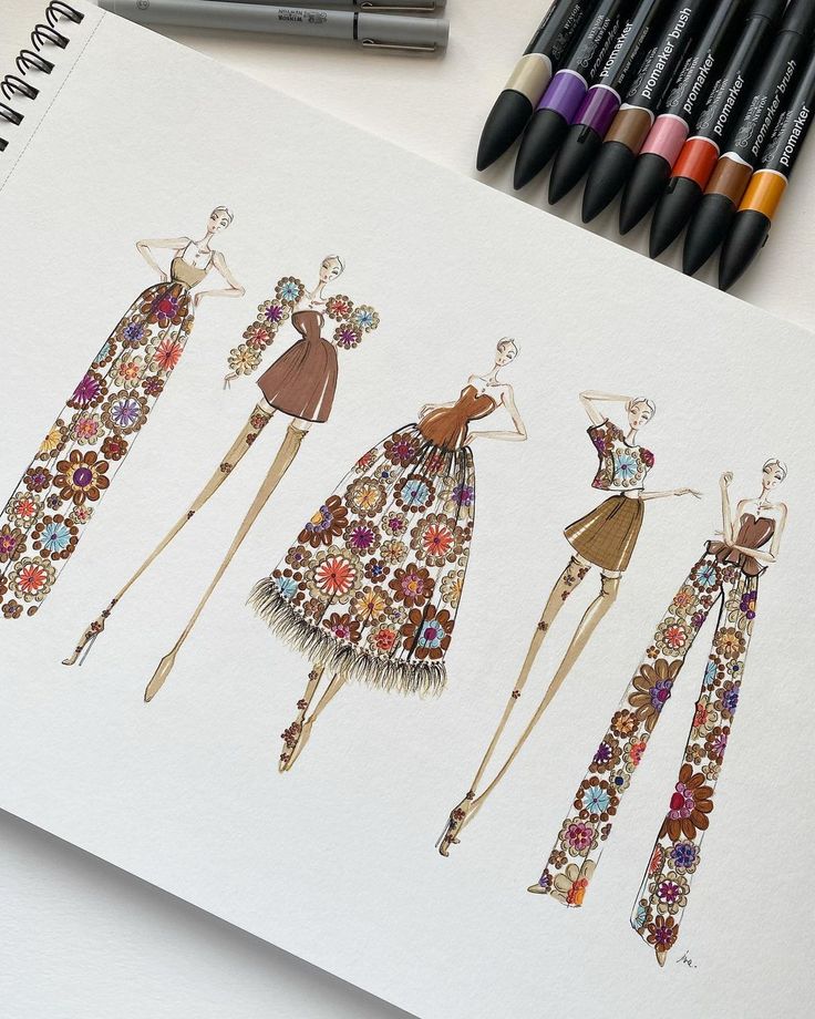 three fashion illustrations on paper with markers and crayons