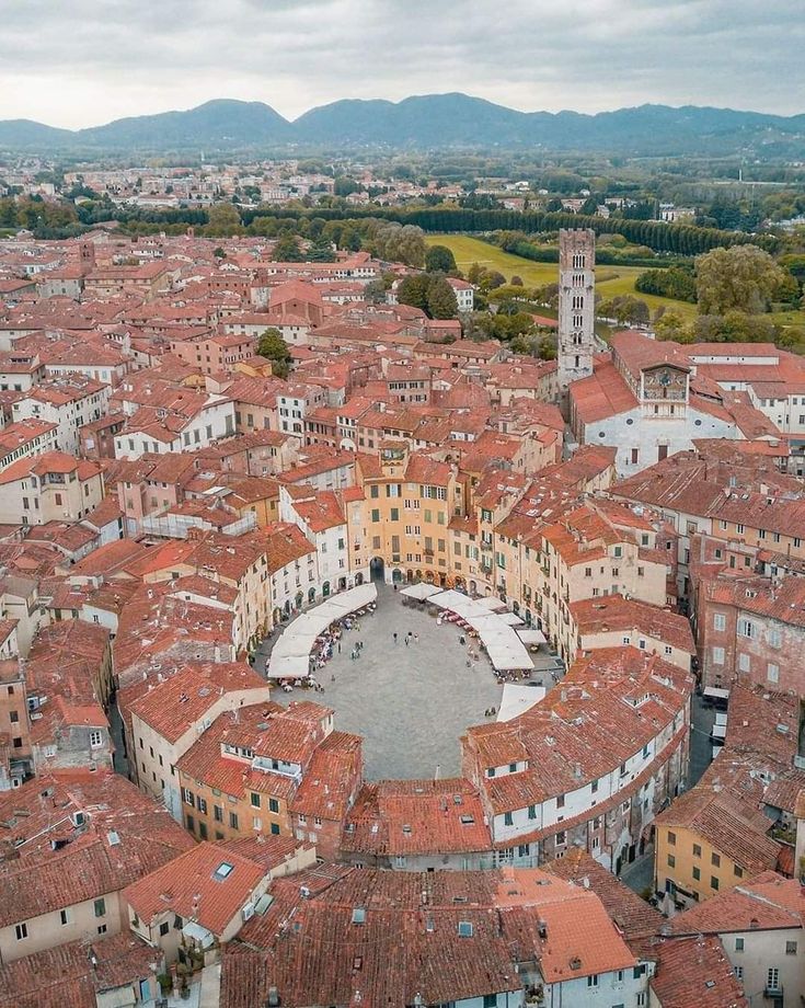 an aerial view of a city with red roofs