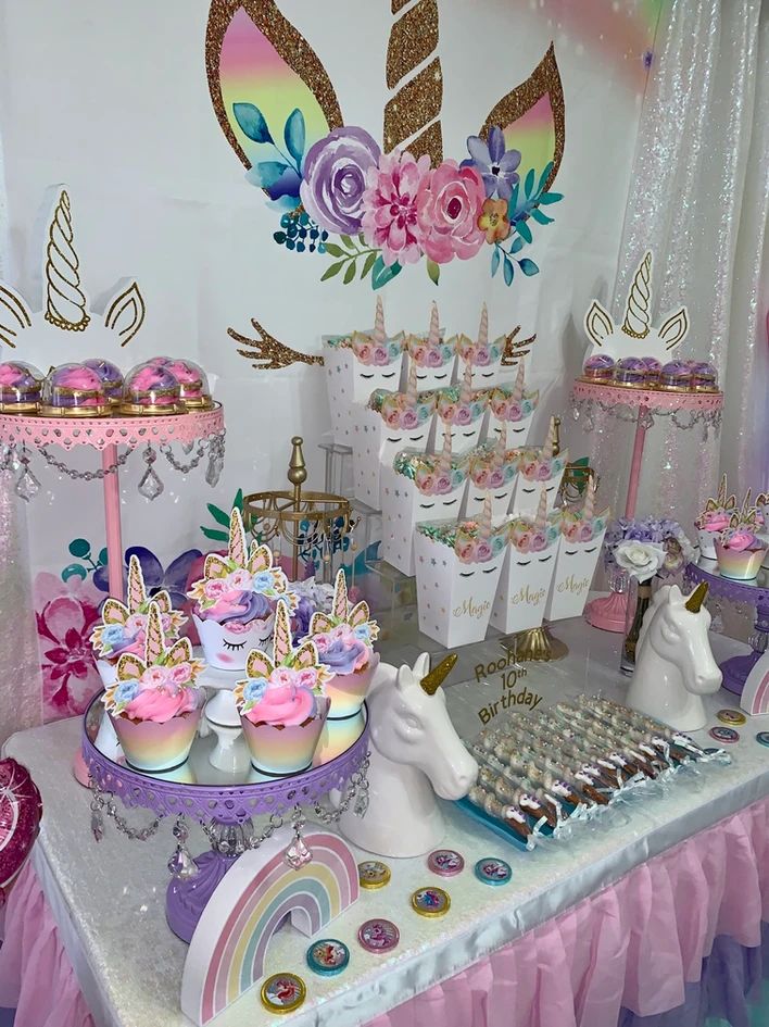 a unicorn themed birthday party complete with cupcakes, cake and candy bar decorations