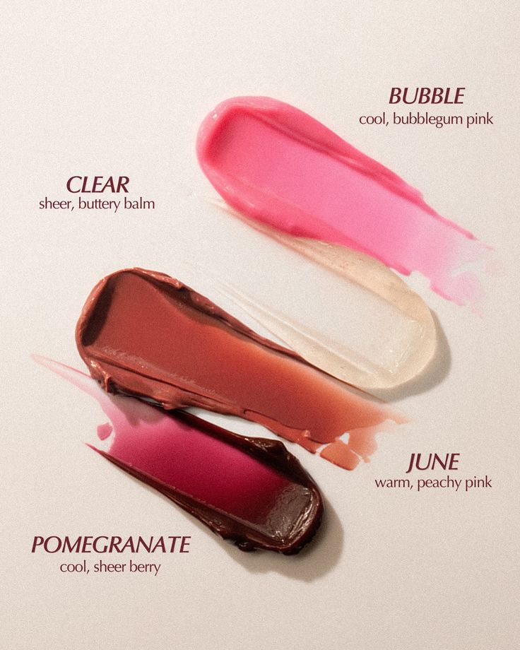 The Daymask Peptide Lip Balm color palette 👄 👉 Bubble: cool, sheer bubblegum pink with hint of shimmer 👉 June: warm, sheer peachy pink 👉 Pomegranate: cool, sheer pomegranate 👉 Clear: sheer, buttery balm #personacosmetics #lipbalm #liptreatment Persona Cosmetics, Product Aesthetic, Lipstick Aesthetic, Lips Balm, Dominique Cosmetics, Lip Gloss Cosmetics, Color Lip Balm, Lip Cosmetics, Liquid Blush