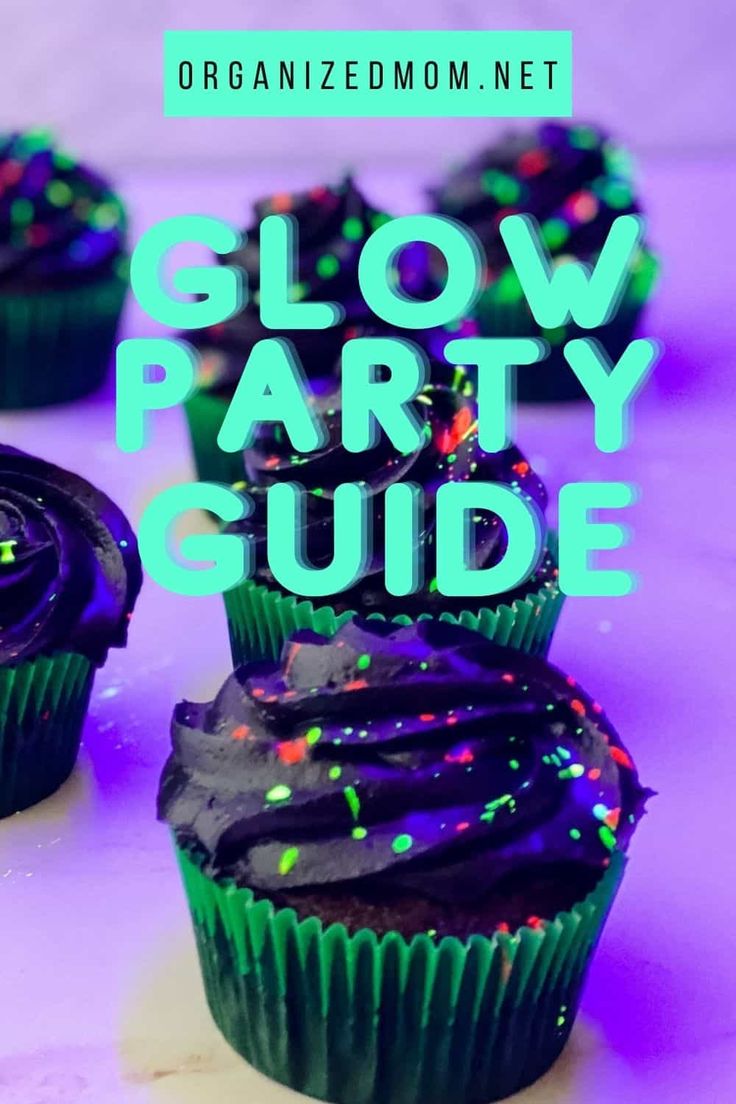 some cupcakes with purple frosting and sprinkles on them that say glow party guide