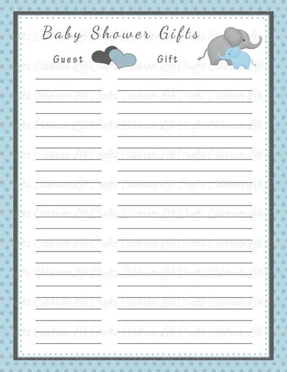 a baby shower gift list with an elephant and heart on the top, in blue