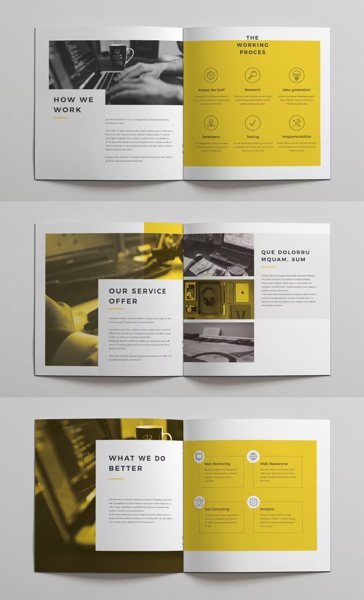 an open brochure is shown with yellow accents