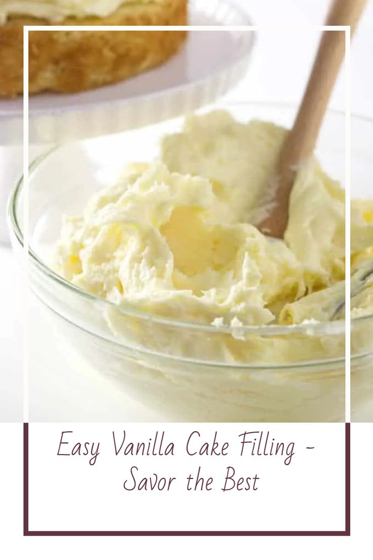 a bowl filled with cake filling next to another bowl full of frosted cake topping