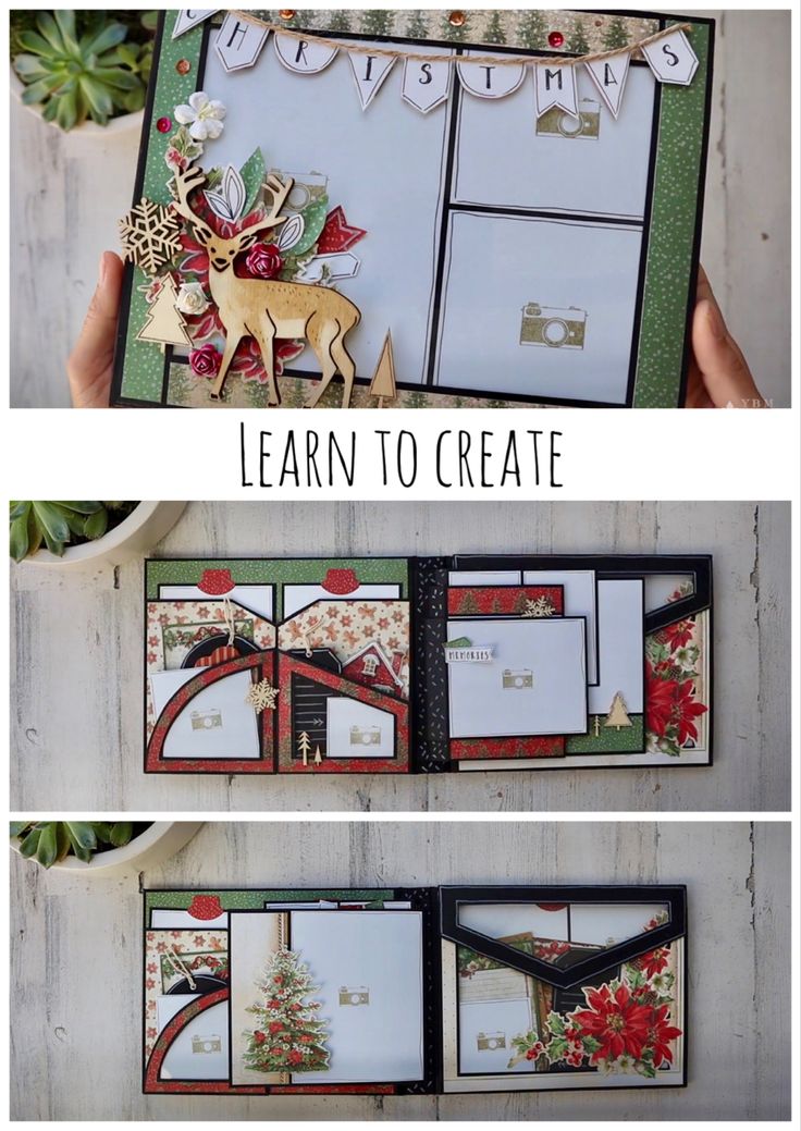 an open christmas card with the words learn to create on it and two pictures of reindeers