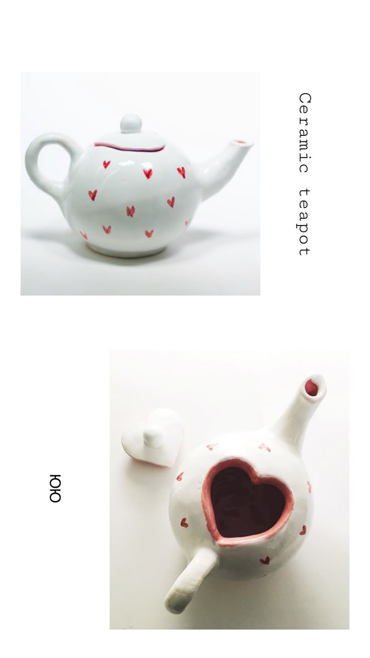 two different teapots with hearts painted on them, one is white and the other is red