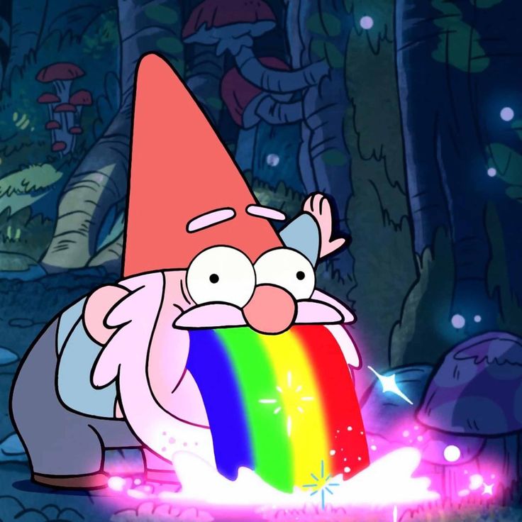 a cartoon character with a rainbow in the background