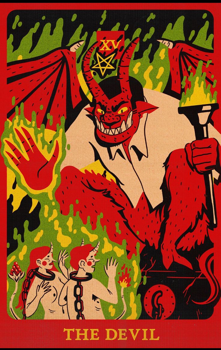 the devil tarot card is shown in red, green and yellow colors with an evil demon