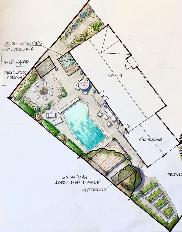 a drawing of a plan for a pool and garden area with seating areas around it