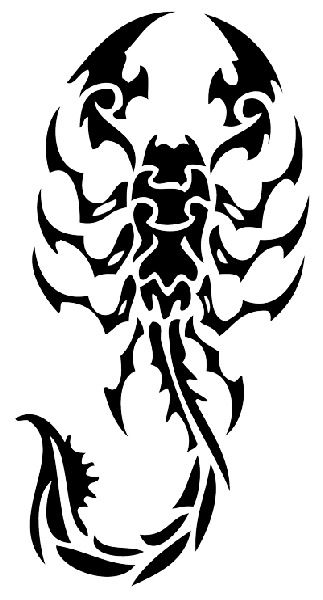 a black and white scorpion tattoo design on a white background, it looks like the head of an animal