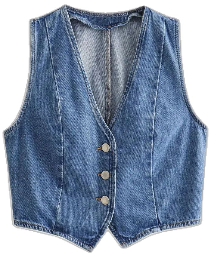 Trendy Blue Sleeveless Denim Vest, Trendy Blue Denim Vest Top, Trendy Sleeveless Denim Top For Fall, Fall Sleeveless Denim Vest Top, Trendy Sleeveless Denim Blue Vest, Chic Denim Blue Vest For Spring, Blue Denim Vest Top For Summer, Fitted Sleeveless Denim Vest With Pockets, Fitted Medium Wash Sleeveless Tank Top