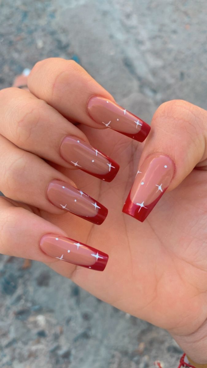 Christmas Nails 2023 Square, Nails For Christmas 2023, Red N White Nails, Red Sparkle French Tip Nails, Red Inspo Nails, Silvester Nails New Years, Red And Pink Christmas Nails, Red Square Nails Design, Red Coffin Nail Ideas