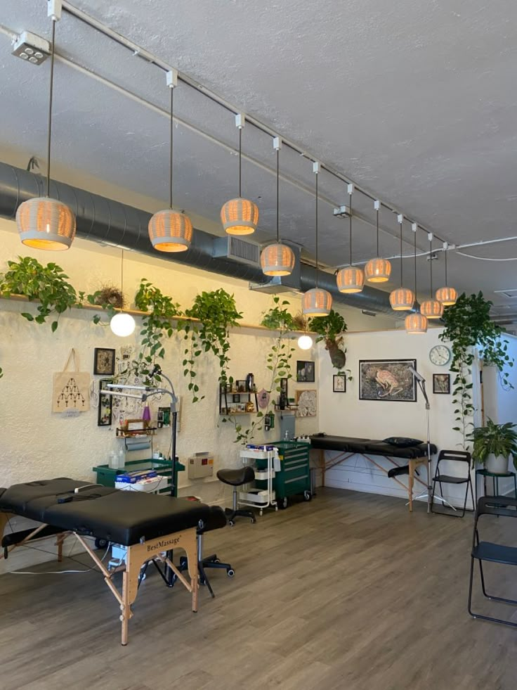 a room with many plants and lights hanging from the ceiling