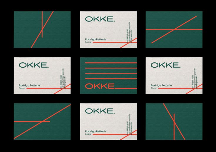 six business cards with red lines and the words oke on them in different languages