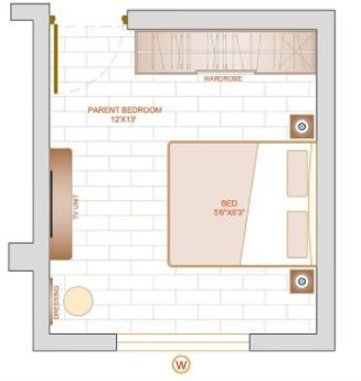 a floor plan for a bedroom with a bed, desk and closets in it