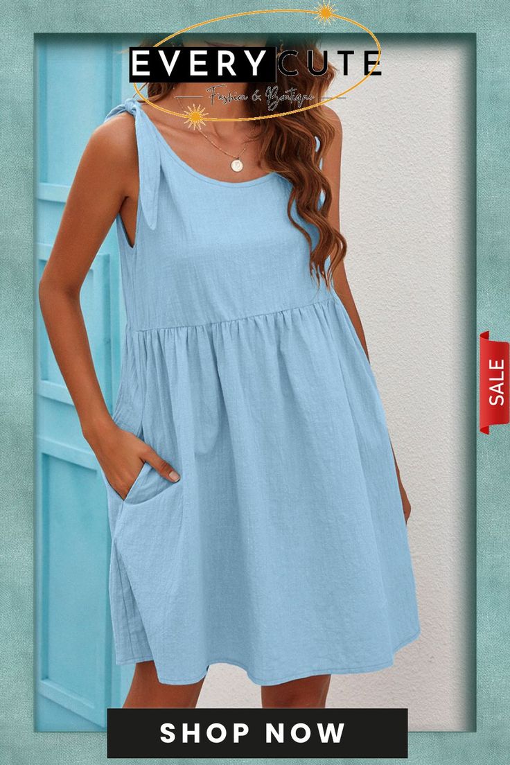 Tie Shoulder Classic Summer Dress Solid Color Cotton Mini Dress For Vacation, Solid Sundress With Pockets, Summer Cotton Dress Solid Color, Summer Cotton Dress In Solid Color, Summer Shift Dresses In Solid Color, Summer Shift Dress In Solid Color, Beach Mini Dresses With Pockets, Spring Beach Mini Dress With Pockets, Chic Mini Dress With Pockets For Vacation