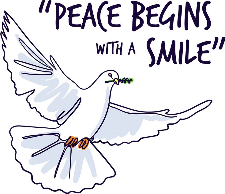 a white dove with an olive in its beak and the words peace begins with a smile