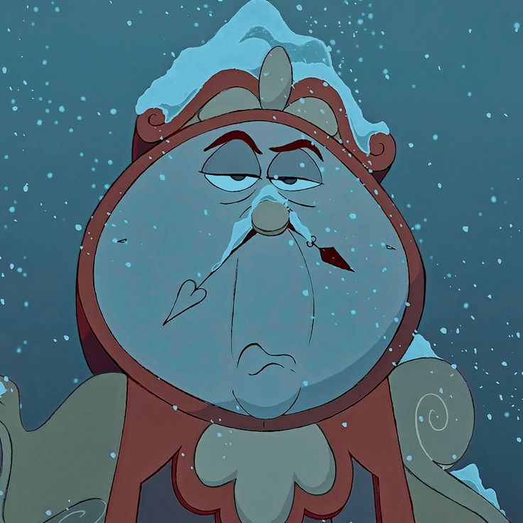 a cartoon character holding a clock in front of his face with snow falling on the ground