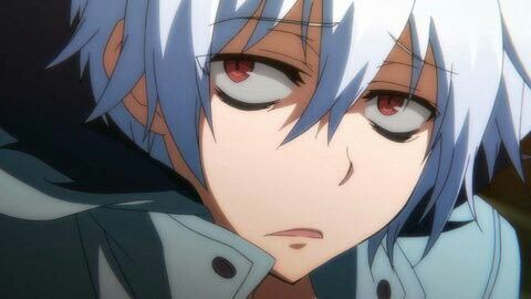 an anime character with blue hair and red eyes looks at the camera while staring into the distance