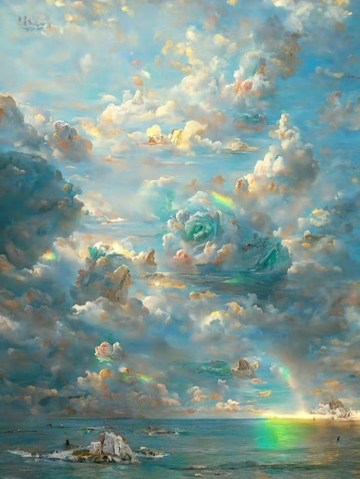 an oil painting of clouds over the ocean with a rainbow in the sky above it