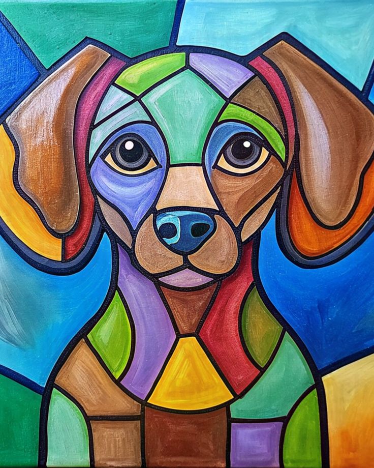 a painting of a dog with colorful colors on it's face and eyes, sitting in front of a blue background