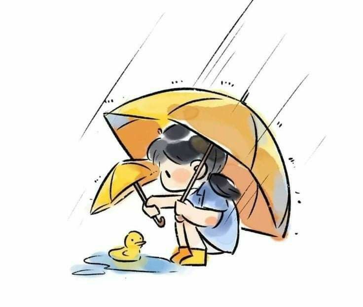 a drawing of a woman holding an umbrella over a rubber duckling in the rain