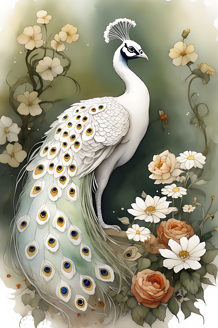 Beautiful white albino peacock and flowers Peacock And Flowers Painting, Peacock Albino, White Peacock Art, Peacock Painting Acrylic Easy, White Peacock Wallpaper, White Peacock Painting, Albino Peacock, Peacock Drawing, Peacock Images