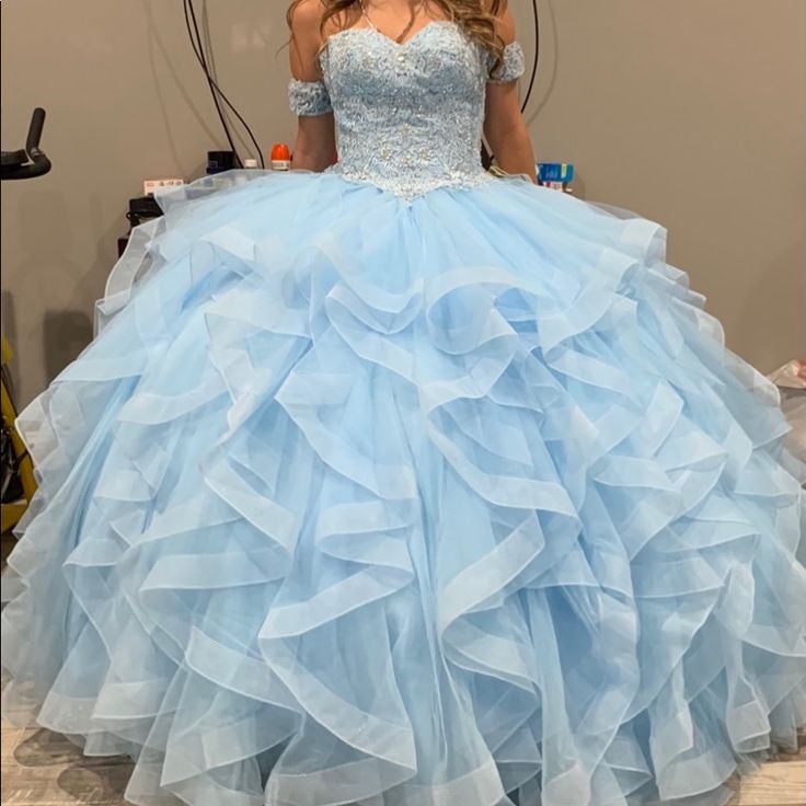 Beautiful Quinceaera Dress $300 Or Best Offer !! Need Gone Asap! Light Blue Ruffled Dresses For Prom Season, Light Blue Ruffled Dresses For Prom, Blue Fitted Dress For Quinceanera, Blue Dress With Fitted Bodice For Quinceanera, Light Blue Ruffled Ball Gown Dress, Light Blue Ruffled Ball Gown, Light Blue Ruffled Dress For Gala, Elegant Blue Evening Dress With Ruffles, Blue Ruffled Evening Dress For Banquet