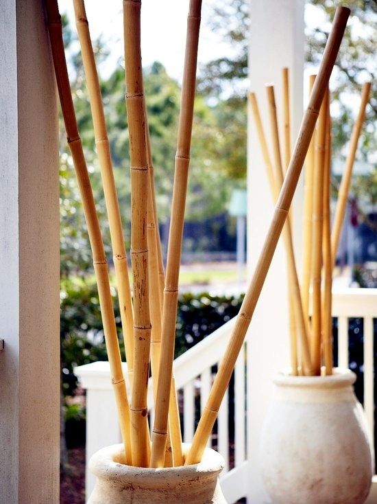 there are two vases with bamboo sticks in them on the front porch, one is white and the other is brown