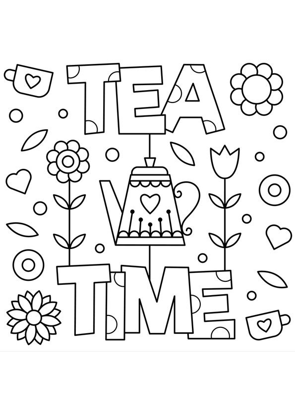 the word tea time with flowers and hearts