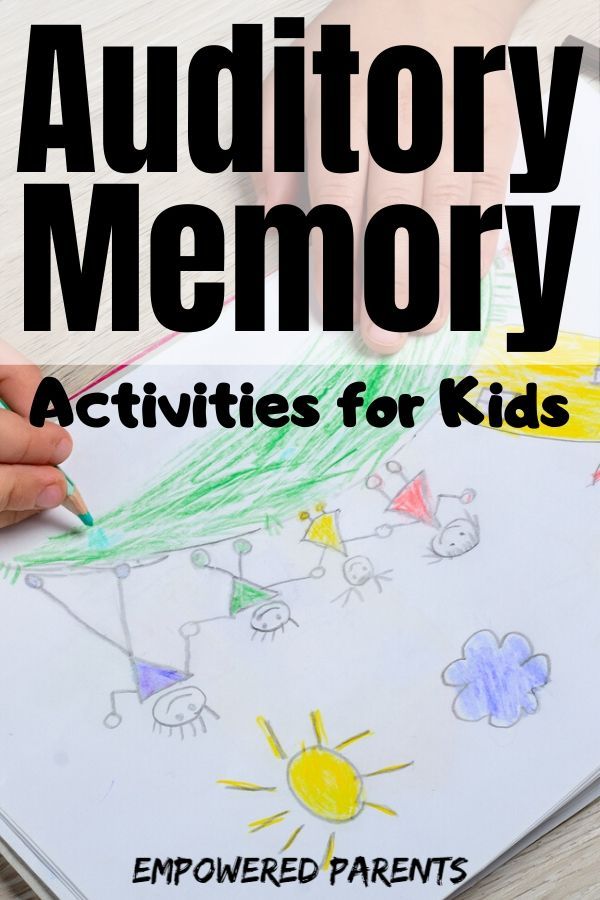 a child's hand is drawing on a piece of paper with the words, audttoryy memory activities for kids