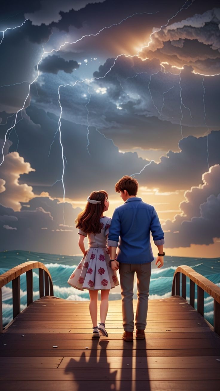 a man and woman standing on a pier looking at the sky with lightning in the background