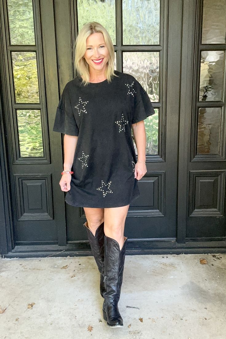 Women's Faded Black T-Shirt Dress with Star Detail Details Available in sizes S - L Faded Black Studded Star Detail T-Shirt Dress 60% Cotton, 35% Polyester, 5% Spandex Sizing Small: 2/4, Medium: 6/8, Large: 10/12 Fit Both models are wearing a small. This cute dress has an oversized relaxed fit. Size down if you prefer it to fit more like a t-shirt. Stay true to size or size up to wear as a t-shirt dress. T-shirt Dress, Clear Purses, Bow Headband Hairstyles, Mississippi State, Star Dress, Stay True, Grey Denim, Purse Jewelry, Knit Shorts