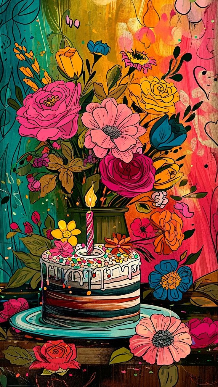 a painting of a birthday cake with flowers on it