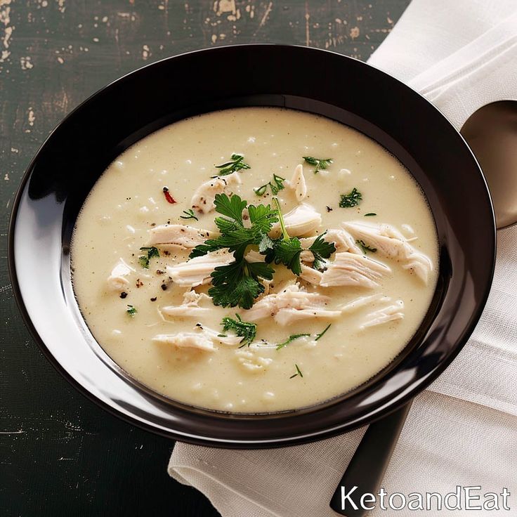 a black bowl filled with soup and garnished with parsley