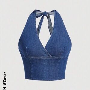 Denim Top Diy, Diy Denim Top, Diy Halter Top, Diy Halter, Halter Tops Outfit, Denim Halter Top, Ropa Upcycling, Denim Tank Top, Top Diy