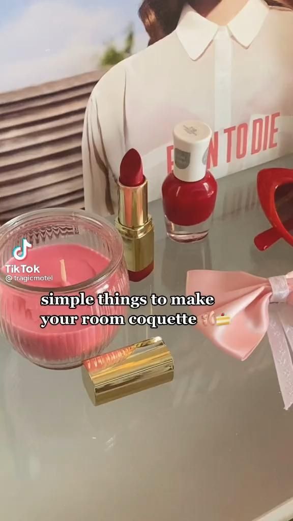 a table topped with lipstick and other items next to a sign that says, simple things to make your room coutette